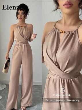 Taupe Halter Wide-Leg Jumpsuit